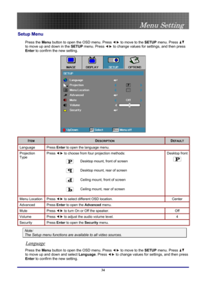 Page 34
 
Menu Setting 
 34
Setup Menu 
Press the Menu button to open the OSD menu. Press  to move to the SETUP menu. Press  
to move up and down in the SETUP menu. Press  to change values for settings, and then press 
Enter to confirm the new setting. 
 
ITEM DESCRIPTION DEFAULT 
Language Press Enter to open the language menu. 
Projection 
Type 
Press  to choose from four projection methods: 
 
 
 
 
 
 Desktop mount, front of screen 
 Desktop mount, rear of screen 
 Ceiling mount, front of screen 
 Ceiling...