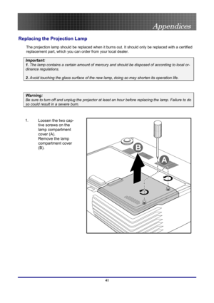 Page 41
 
Appendices 
 41
Appendices 
Replacing the Projection Lamp 
The projection lamp should be replaced when it burns out. It should only be replaced with a certified 
replacement part, which you can order from your local dealer.  
Important: 
1. The lamp contains a certain amount of mercury and should be disposed of according to local or-
dinance regulations. 
2. Avoid touching the glass surface of the new lamp, doing so may shorten its operation life. 
 
Warning: 
Be sure to turn off and unplug the...