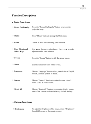 Page 13English
13
Function Descriptions
4Power On/StandbyPress the “Power On/Standby” button to turn on the
projection lamp.
Press “Menu” button to pop up the OSD menu.
“Enter” is used for confirming your selection.
Use 
5or
6 button to select items.  Use 
3or
4 to make
adjustments for your selection.
Press the “Freeze” button to still the screen image.
Use this function to shut off the sound.
Choose “Language” item to select your choice of English,
French, German, Spanish or Italian.
Choose “ Source” function...