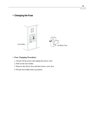 Page 19English
19
wChanging the Fuse
Fuse Holder
the Blown Fuse
1. Switch off the power and unplug the power cord.
2. Pull out the fuse holder.
3. Remove the blown fuse and then insert a new fuse.
4. Put the fuse holder back in position.
4Fuse Changing Procedure: 