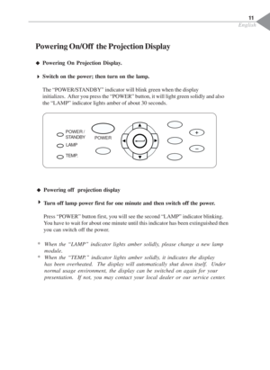 Page 13English
Powering On/Off  the Projection Display
‹ ‹‹ ‹
‹Powering On Projection Display.
4 44 4
4Switch on the power; then turn on the lamp.
The “POWER/STANDBY” indicator will blink green when the display
initializes.  After you press the “POWER” button, it will light green solidly and also
the “LAMP” indicator lights amber of about 30 seconds.11
POWER /
STANDBY
LAMP
TEMP.
‹ ‹‹ ‹
‹Powering off  projection display
4 44 4
4Turn off lamp power first for one minute and then switch off the power.
Press “POWER”...