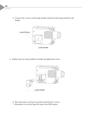 Page 26English
5. Replace the new lamp module by handle and tighten the screws. 24
4. Unscrew the 2 screws of the lamp module and pull out the lamp module by the
handle.
6. Place the lamp cover back in position and lock the 2 screws.
7. Remember to reset the lamp life timer from OSD menus.
Lamp Handle
Lamp Screws
Lamp Handle 