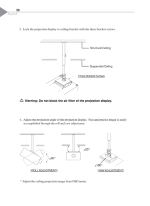 Page 30English
28
3.  Lock the projection display to ceiling bracket with the three bracket screws.
Warning: Do not block the air filter of the projection display.
Structural Ceiling
Suspended Ceiling
Three Bracket Screws
4. Adjust the projection angle of the projection display.  Fast and precise image is easily
accomplished through the roll and yaw adjustment.
* Adjust the ceiling projection image from OSD menu.
±60°±20°
(ROLL ADJUSTMENT)
(YAW ADJUSTMENT)
±180° 