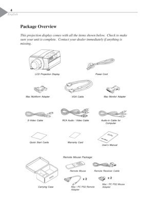 Page 6English
Package Overview
This projection display comes with all the items shown below.  Check to make
sure your unit is complete.  Contact your dealer immediately if anything is
missing.
4
LCD Projection DisplayPower Cord
S-Video CableRCA Audio / Video CableMac Monitor Adapter Mac Multiform Adapter
VGA Cable
Remote Mouse Package:
Remote MouseRemote Receiver Cable
Mac / PC PS2 Remote
AdapterMac / PC PS2 Mouse
Adapter
x 2x 2
Carrying CaseUser’s Manual Warranty Card Quick Start CardsAudio-in Cable for...