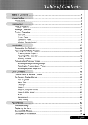 Page 1
1... English
Table of Contents
Table of Contents .........................................................................................1
Usage Notice ................................................................................................2
Precautions ..........................................................................................................2
Introduction ..................................................................................................4
Product Features...