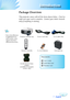 Page 7
English7
Introduction

Power	Cord	1.8mVGA	Cable	1.8m
Remote	Controller
Projector	with	lens	cap
Package Overview
This projector comes with all the items shown below.  Check to 
make sure your unit is complete.  Contact your dealer immedi-
ately if anything is missing.
Carrying	Case
Documents	:	
	User’s	Guide
	Quick	Start	Card
	Warranty	Card
2	x	AAA	Batteries
Due	to	the	difference	in	applications	for	each	country,	some	regions	may	have	different	accessories.
SCART	RGB/S-Video	Adaptor(available	in...