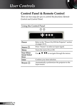 Page 14
14
English

User Controls

Using the 
Control Panel

Power
Refer to the “Power On/Off the Projector” section 
on pages 10-11.
Source 1Press “Source” to select an input signal.
MenuTurns the menu On or Off.
Four Direc-
tional Select 
Keys
Use        to navigate through the menus.
EnterConﬁ  rm your item selection.
Resync 2Automatically synchronizes the projector to the 
input source.
 Control Panel & Remote Control
There are two ways for you to control the functions: Remote 
Control and Control Panel.
12...