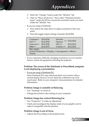 Page 29
29
English

Appendices

5.  Select the “Change” button under the “Monitor” tab.
6.  Click on “Show all devices.” Next, select “Standard monitor 
types” under the SP box; choose the resolution mode you need 
under the “Models” box. 
  If you are using a Notebook:1.  First, follow the steps above to adjust resolution of the com-
puter.
2.  Press the toggle output settings. Example: [Fn]+[F4]
   
  If you experience difﬁ  culty changing resolutions or your monitor 
freezes, restart all equipment...