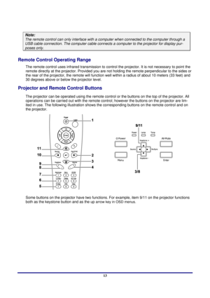 Page 13 
Introduction 
 13
Note: 
The remote control can only interface with a co mputer when connected to the computer through a 
USB cable connection. The computer cable connects a computer to  the projector for display pur-
poses only. 
Remote Control Operating Range 
The remote control uses infrared transmission to control the projector. It is not necessary to point the 
remote directly at the projector. Provided you are not holding the remote perpendicular to the sides or 
the rear of the projector, the re...