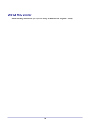 Page 26 
Menu Setting 
 26
OSD Sub-Menu Overview 
Use the following illustration to quickly find a  setting or determine the range for a setting. 
 
  