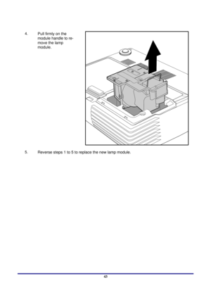 Page 43 
Appendices 
 43
4.  Pull firmly on the 
module handle to re-
move the lamp 
module. 
 
 
5.  Reverse steps 1 to 5 to replace the new lamp module. 
  