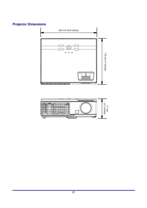 Page 57 
Specifications 
 57
Projector Dimensions 
 
220 mm (8.6 inches) 
178 mm (7 inches) 
71 mm 
(2.7 inches) 
  