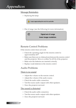 Page 48English
Appendices
Message Reminders4
 Replacing the lamp:
4 Out of range: (see the following for more information)
Remote Control Problems
If the remote control does not work
4 Check the operating angle for the remote control is  approximately ±15°.
4 Make sure there are no obstructions between the remote control and the projector. Move to within 7m (23 ft) of the projector.
4 Make sure the batteries are inserted correctly.
4 Replace weak batteries in the remote control.
Audio Problems
There...