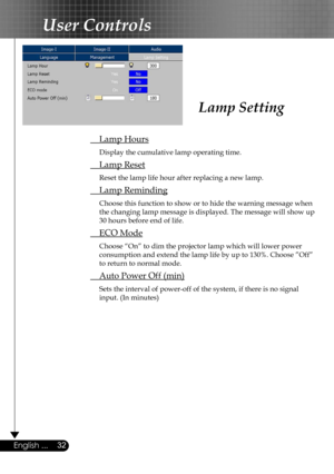Page 32
32English ...
User Controls
 Lamp Hours
 Display the cumulative lamp operating time.
 Lamp Reset
 Reset the lamp life hour after replacing a new lamp. 
 Lamp Reminding
 Choose this function to show or to hide the warning message when 
the changing lamp message is displayed. The message will show up 
30 hours before end of life.
 ECO Mode
 Choose “On” to dim the projector lamp which will lower power 
consumption and extend the lamp life by up to 130%. Choose ”Off” 
to return to normal mode.
 Auto Power...