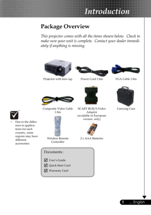 Page 5
5... English

Introduction

Power Cord 1.8mVGA Cable 1.8m
Wireless Remote Controller
Composite Video Cable 1.8m
Projector with lens cap
Package Overview
This projector comes with all the items shown below.  Check to 
make sure your unit is complete.  Contact your dealer immedi-
ately if anything is missing.
Carrying Case
Documents : 
 User’s Guide
 Quick Start Card
 Warranty Card
SCART RGB/S-Video Adaptor(available in European version  only) Due to the differ-   ence in applica-     tions for each...