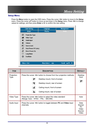 Page 32
 
Menu Setting 
Setup Menu 
Press the Menu button to open the OSD menu. Press the cursor  button to move to the  Setup 
menu. Press the cursor 
 button to move up and down in the  Setup menu. Press  to change 
values for settings, and then press  Enter or 
 to confirm the new setting. 
 
ITEM DESCRIPTION DEFAULT 
Projection 
Type Press the cursor  button to choose from four projection methods: 
 Desktop mount, front of screen 
 Desktop mount, rear of screen
 
 Ceiling mount, front of screen 
 Ceiling...