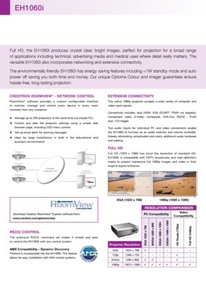 Page 2Full  HD,  the  EH1060i  produces  crystal  clear,  bright  images,  perfect  for  projection  for  a  broad  range  
of  applications  including  technical,  advertising  media  and  medical  uses  where  detail  really  matters.  The   
versatile EH1060i also incorporates networking and extensive connectivit\
y. 
The environmentally friendly EH1060i has energy saving features including 