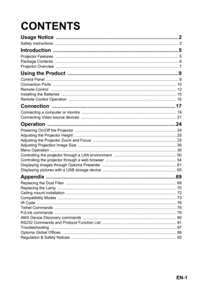 Page 1EN-1
CONTENTS
Usage Notice  ..................................................................................... 2
Safety Instructions  ................................................................................................................. 2
Introduction ....................................................................................... 5
Projector Features  ................................................................................................................. 5
Package Contents...