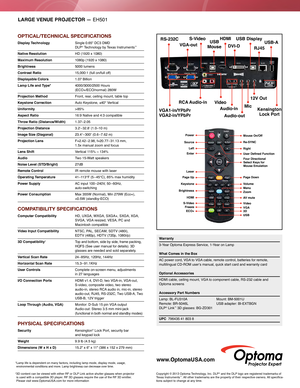 Page 2OPTICAL/TECHNICAL SPECIFICATIONS
Display Technology  Single 0.65" DC3 DMD   
DLP® Technology by Texas Instruments™
Native Resolution    HD (1920 x 1080)
Maximum Resolution  1080p (1920 x 1080)
Brightness 5000 lumens
Contrast Ratio 15,000:1 (full on/full of f)
Displayable Colors 1.07 Billion
Lamp Life and Type*   4000/3000/2500  Hours  
(ECO+/ECO/normal) 280W
Projection Method Front, rear, ceiling mount, table top
Keystone Correction Auto Keystone, ±40° Vertical
Uniformity > 85%
Aspect Ratio
 16:9...