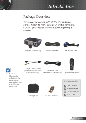 Page 7
7English

Introduction

Power Cord 1.8m
IR Remote Control
 Package Overview
This	projector	comes	with	all	the	items	shown	
below.	Check	to	make	sure	your	unit	is	complete.	
Contact	your	dealer	immediately	if	anything	is	
missing.
Documentation : 
	User’s Manual
	Warranty Card
	Quick Start Card
	WEEE Card
	Due to the difference in applications for each country, some regions may have different accessories.
2 x AAA Batteries
Projector with lens cap VGA Cable 1.8m
Y-type Cable 100mm (Available in EMEA...