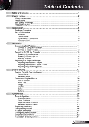 Page 1
English

Table of Contents ........................................................................\...........
Usage Notice  ........................................................................\..................2
Safety Information  ........................................................................\.................2Precautions........................................................................\............................3Eye Safety Warnings...