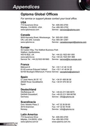 Page 52
52English

Appendices

Optoma Global Offices
For service or support please contact your local office.
USA
75 Sycamore Drive  Tel : 408-383-3700
Milpitas, CA 95035, USA   Fax: 408-383-3702 
www.optomausa.com  Service : 
services@optoma.com
Canada
5630 Kennedy Road, Mississauga, Tel : 905-36-2582
ON, L4Z 2A9, Canada   Fax: 905-36-258
www.optoma.ca  Service : 
canadacsragent@optoma.com
 
Europe
42 Caxton Way, The Watford Business Park 
Watford, Hertfordshire,  
WD8 8QZ, UK Tel :...