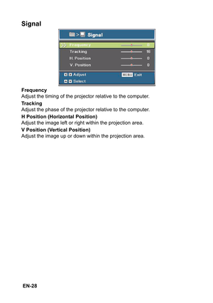 Page 28 EN-28
Signal
Frequency
Adjust the timing of the projector relative to the computer.
Tracking
Adjust the phase of the projector relative to the computer.
H Position (Horizontal Position)
Adjust the image left or right within the projection area.
V Position (Vertical Position)
Adjust the image up or down within the projection area. 