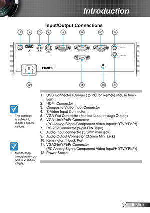 Page 99English
Introduction
AUDIO-IN
AUDIO OUT
VGA1-IN 
 / YPbPr
RS-232C
VGA-OUT
VGA2-IN / YPbPr
HDMI
S-VIDEO
 VIDEO
USB
Input/Output Connections
	Monitor loop through only sup-port in VGA1-In/YPbPr.
1. 
USB Connector (Connect to PC for Remote Mouse func-
tion)
2. HDMI Connector
3. Composite Video Input Connector
4. S-Video Input Connector
5. VGA-Out Connector (Monitor Loop-through Output)
6. VGA1-In/YPbPr Connector  
(PC Analog Signal/Component Video Input/HDTV/YPbPr) 
7. RS-232 Connector (9-pin DIN Type)
8....