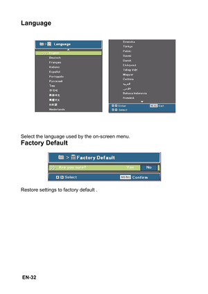Page 32 EN-32
Language
Select the language used by the on-screen menu.
Factory Default
Restore settings to factory default . 