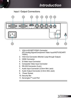 Page 9
9English

Introduction

 Input / Output Connections
.  VGA-In/SCART/YPbPr Connector 
(PC Analog Signal/Component Video Input/HDTV/SCART/
YPbPr) 
2.  VGA-Out Connector (Monitor Loop-through Output) 
3.  HDMI Connector
4.  S-Video Input Connector
5.  Composite Video Input Connector
6.  RS-232 Connector (3-pin)
7.  Audio Input Connector (3.5mm Mini Jack)
8.  Audio Output Connector (3.5mm Mini Jack)
9.   Power Socket 
0. Security Bar
.  KensingtonTM Lock Port
VGA-IN / SCART /...