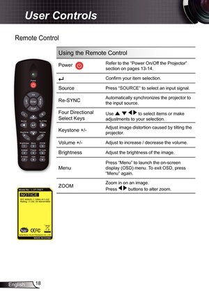 Page 18
8English

User Controls

Remote Control
Using the Remote Control
Power  
Refer to the “Power On/Off the Projector” 
section on pages 3-4.
 Confi rm your item selection.
SourcePress “SOURCE” to select an input signal.
Re-SYNC Automatically synchronizes the projector to 
the input source.
Four Directional 
Select KeysUse     to select items or make 
adjustments to your selection.
Keystone +/-Adjust image distortion caused by tilting the 
projector.
Volume +/-Adjust to increase / decrease...