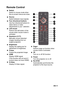 Page 11EN-11
Remote Control
Switch
Switch to mouse mode when 
the on-screen menus are close. 
Source
Switch between input signals.
Four directional buttons
Use four directional buttons to 
select items or make 
adjustments to your  selection.
Left mouse
Perform the left button of the 
mouse when mouse mode is 
activated.
Keystone (/)
Manually correct distorted 
images resulting from an 
angled projection.
Brightness
Display the setting bar for 
adjustment of brightness.
Freeze
Freeze the projected image.
HDMI...