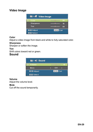 Page 29EN-29
Video Image
Color
Adjust a video image from black and white to fully saturated color.
Sharpness
Sharpen or soften the image.
Tint
Shift colors toward red or green.
Sound
Vo l u m e
Adjust the volume level.
Mute
Cut off the sound temporarily. 