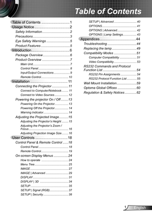 Page 11English
Table of Contents ............................1
Usage Notice ...................................2
Safety Information ...............................2
Precautions  .........................................3
Eye Safety Warnings  ..........................5
Product Features ................................5
Introduction ......................................6
Package Overview  ..............................6
Product Overview  ...............................7
Main Unit...