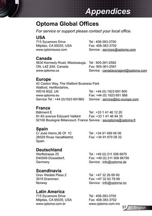Page 57
57English

Appendices

Optoma Global Offices
For service or support please contact your local office.
USA
75 Sycamore Drive  Tel : 408-383-3700
Milpitas, CA 95035, USA   Fax: 408-383-3702 
www.optomausa.com  Service : 
services@optoma.com
Canada
5630 Kennedy Road, Mississauga, Tel : 905-36-2582
ON, L4Z 2A9, Canada   Fax: 905-36-258
www.optoma.ca  Service : 
canadacsragent@optoma.com
 
Europe
42 Caxton Way, The Watford Business Park 
Watford, Hertfordshire,  
WD8 8QZ, UK Tel :...
