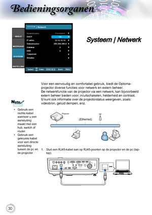 Page 3030
Bedieningsorganen
Voor een eenvoudig en comfortabel gebruik, biedt de Optoma-
projector diverse functies voor netwerk en extern beheer.
De netwerkfunctie van de projector via een netwerk, kan bijvoorbeeld 
extern beheer bieden voor: in/uitschakelen, helderheid en contrast. 
u kunt ook informatie over de projectorstatus weergeven, zoals: 
videobron, geluid dempen, enz.
1.    Sluit een RJ45-kabel aan op RJ45-poorten op de projector en de pc (lap-top).
12V OUT
HDMI  2
HDMI  1
IRL-AUDIO IN-RVGA / SCAR T /...