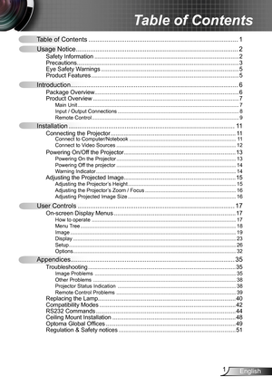 Page 11English
Table of Contents ...................................................................................1
Usage Notice ..........................................................................................2
Safety Information  ........................................................................\.................2Precautions........................................................................\............................3Eye Safety Warnings...