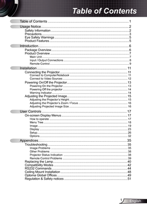 Page 11English
Table of Contents  ................................................................................... 1
Usage Notice  .......................................................................................... 2
Safety Information ........................................................................\................. 2
Precautions........................................................................\............................ 3
Eye Safety Warnings...