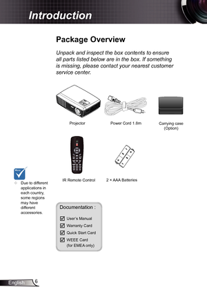 Page 66
English
Introduction
Power Cord  1.8m
IR Remote Control
Package Overview
Unpack and inspect the box contents to ensure 
all parts listed below are in the box. If something 
is missing, please contact your nearest customer 
service center.
Documentation : 
	User’s Manual
	Warranty Card
	Quick Start Card
	WEEE Card  
  (for EMEA only)
	
Due to different 
applications in 
each country, 
some regions 
may have 
different 
accessories.
2 × AAA Batteries
Projector
Carrying case 
(Option)       