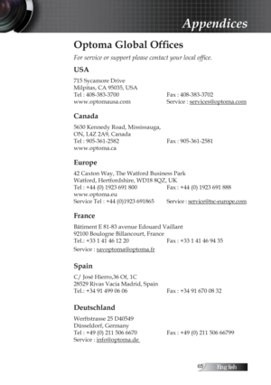 Page 65English
Optoma Global Offices
For service or support please contact your local office.
USA
715 Sycamore Drive
Milpitas, CA 95035, USA
Tel : 408-383-3700    Fax : 408-383-3702
www.optomausa.com    Service : services@optoma.com
Canada
5630 Kennedy Road, Mississauga,
ON, L4Z 2A9, Canada
Tel : 905-361-2582    Fax : 905-361-2581
www.optoma.ca
Europe
42 Caxton Way, The Watford Business Park  
Watford, Hertfordshire, WD18 8QZ, UK
Tel : +44 (0) 1923 691 800    Fax : +44 (0) 1923 691 888
www.optoma.eu...