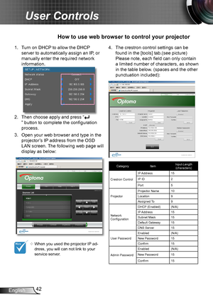 Page 4242English
User Controls
1. Turn on DHCP to allow the DHCP 
server to automatically assign an IP, or 
manually enter the required network 
information.
2. Then choose apply and press “
” button to complete the configuration 
process.
3. Open your web browser and type in the 
projector’s IP address from the OSD 
LAN screen. The following web page will 
display as below:
How to use web browser to control your projector
	When you used the projector IP ad-dress, you will can not link to your service server....