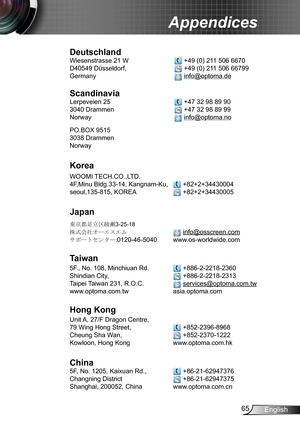 Page 6565English
Appendices
Deutschland
Wiesenstrasse 21 W    +49 (0) 211 506 6670
D40549 Düsseldorf,    +49 (0) 211 506 66799
Germany    info@optoma.de
Scandinavia
Lerpeveien 25    +47 32 98 89 90
3040 Drammen    +47 32 98 89 99 
Norway    info@optoma.no 
PO.BOX 9515 
3038 Drammen
Norway
Korea
WOOMI TECH.CO.,LTD.
4F,Minu Bldg.33-14, Kangnam-Ku,   +82+2+34430004
seoul,135-815, KOREA  +82+2+34430005
Japan
東京都足立区綾瀬3-25-18
株式会社オーエスエム  info@osscreen.com
サポートセンター:0120-46-5040 www.os-worldwide.com
Taiwan
5F., No....