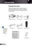 Page 6
6English

 Introduction

Power Cord 3.0m
IR Remote Control
	Package	Overview
Unpack	and	inspect	the	box	contents	to	ensure	
all	parts	listed	below	are	in	the	box.	If	something	
is	missing,	please	contact	your	nearest	customer	
service	center.
Documentation : 
	User’s Manual
	Warranty Card
	Quick Start Card
	WEEE Card  (for EMEA only)
	Due to different applications in each country, some regions may have different accessories.
2 × AAA Batteries
Projector with lens cap 
SOURCERE-SYNC...