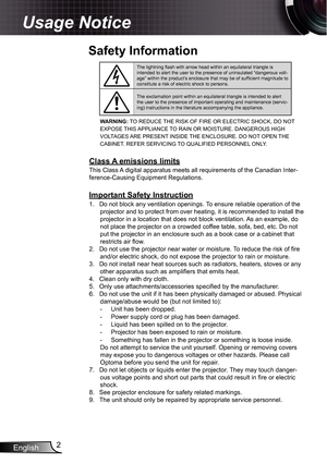 Page 2
English2

Usage Notice

The lightning flash with arrow head within an equilateral triangle is intended to alert the user to the presence of uninsulated “dangerous \
volt-age” within the product’s enclosure that may be of sufficient magnitude to constitute a risk of electric shock to persons.
The exclamation point within an equilateral triangle is intended to alert the user to the presence of important operating and maintenance (servic\
-ing) instructions in the literature accompanying the appliance....