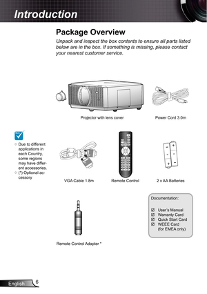 Page 6
English6

Introduction

Power Cord 3.0m
Unpack and inspect the box contents to ensure all parts listed 
below are in the box. If something is missing, please contact 
your nearest customer service.
Documentation:
 User’s Manual Warranty Card Quick Start Card WEEE Card  (for EMEA only)
NOTE
Due to different applications in each Country, some regions may have differ-ent accessories.(*) Optional ac-cessory


2 x AA Batteries
Projector with lens cover
Remote ControlVGA Cable .8m
AAAA
Package...