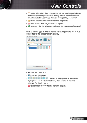 Page 73
English73

User Controls

: Click this unlock icon, the password can be changed. (Pass-
word change to target network display, only a connection with 
an Administrator user logged in can change the password.)
: Click this lock icon will result in no response.
: Disconnect with target network display.
: Connect the target network display via a webpage front end.
User of Admin type is able to view a menu page with a list of PCs 
connected to the target network display.
: For the other PCs.
: For the...