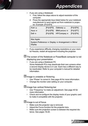 Page 75
English75

Appendices

If you are using a Notebook:
.    First, follow the steps above to adjust resolution of the 
computer.
2.    Press the appropriate keys listed below for your notebook 
manufacturer to send signal out from notebook to projec-
tor. Example: [Fn]+[F4]
Acer     
[Fn]+[F5]
Asus   	[Fn]+[F8]
Dell      [Fn]+[F8]
Mac Apple: 
System Preference  Display  Arrangement  Mirror 
display
Gateway 	[Fn]+[F4]
IBM/Lenovo   [Fn]+[F7]
HP/Compaq   [Fn]+[F4]
If you experience difficulty...