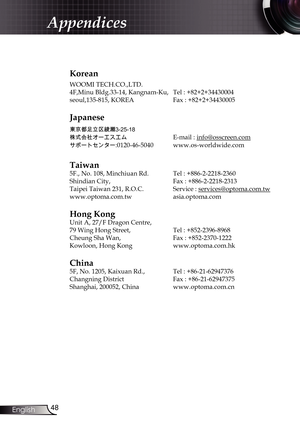 Page 48
48English

Appendices

Korean
WOOMI TECH.CO.,LTD.
4F,Minu Bldg.33-14, Kangnam-Ku,  Tel : +82+2+34430004
seoul,135-815, KOREA  Fax : +82+2+34430005
Japanese
東京都足立区綾瀬3-25-18
株式会社オーエスエム	E-mail : info@osscreen.com
サポートセンター:0120-46-5040	www.os-worldwide.com
Taiwan
5F., No. 108, Minchiuan Rd.  Tel : +886-2-2218-2360
Shindian City,    Fax : +886-2-2218-2313
Taipei Taiwan 231, R.O.C.  Service : 
services@optoma.com.tw
www.optoma.com.tw  asia.optoma.com
Hong Kong
Unit A, 27/F Dragon Centre,
79 Wing Hong Street,...