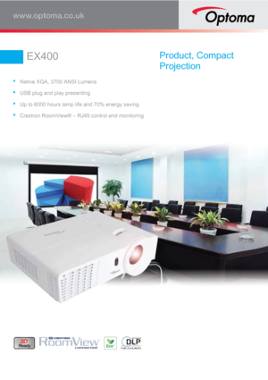 Page 1EX400Product, CompactProjectionNative XGA, 3700 ANSI LumensUSB plug and play presentingUp to 6000 hours lamp life and 70% energy savingCrestron RoomView® – RJ45 control and monitoring 