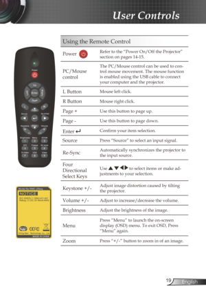 Page 19
9English

 User Controls

Using the Remote Control
Power  
Refer to the “Power On/Off the Projector” 
section on pages 14-15.
PC/Mouse 
control
The PC/Mouse control can be used to con-
trol mouse movement. The mouse function 
is enabled using the USB cable to connect 
your computer and the projector.
L ButtonMouse left click.
R ButtonMouse right click.
Page +Use this button to page up.
Page -Use this button to page down.
Enter Confi  rm your item selection.
SourcePress “Source” to select an input...